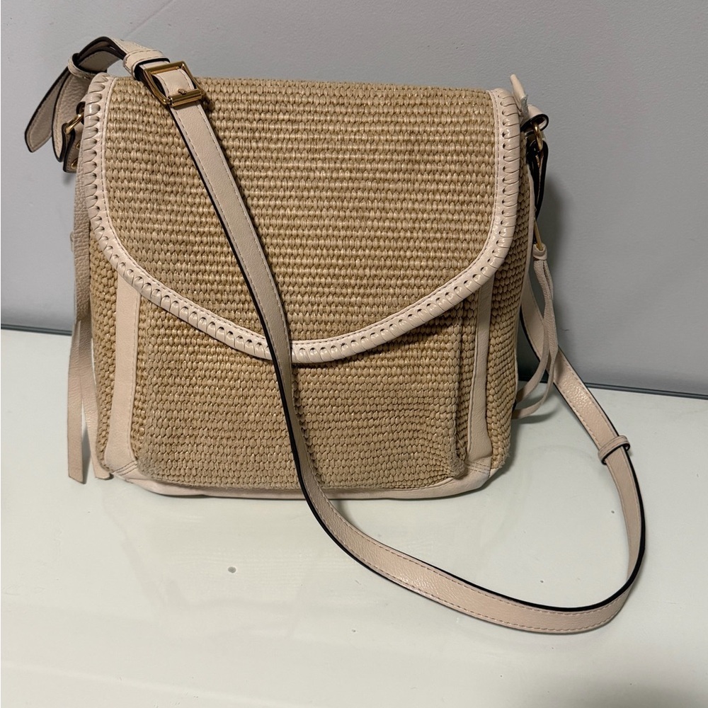 Aimee Kestenberg Beige Woven Crossbody Bag with Cream Trim